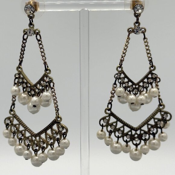 Brass Pearl Chandelier Drop Dangle Earrings Rhinestone Long - Picture 1 of 7